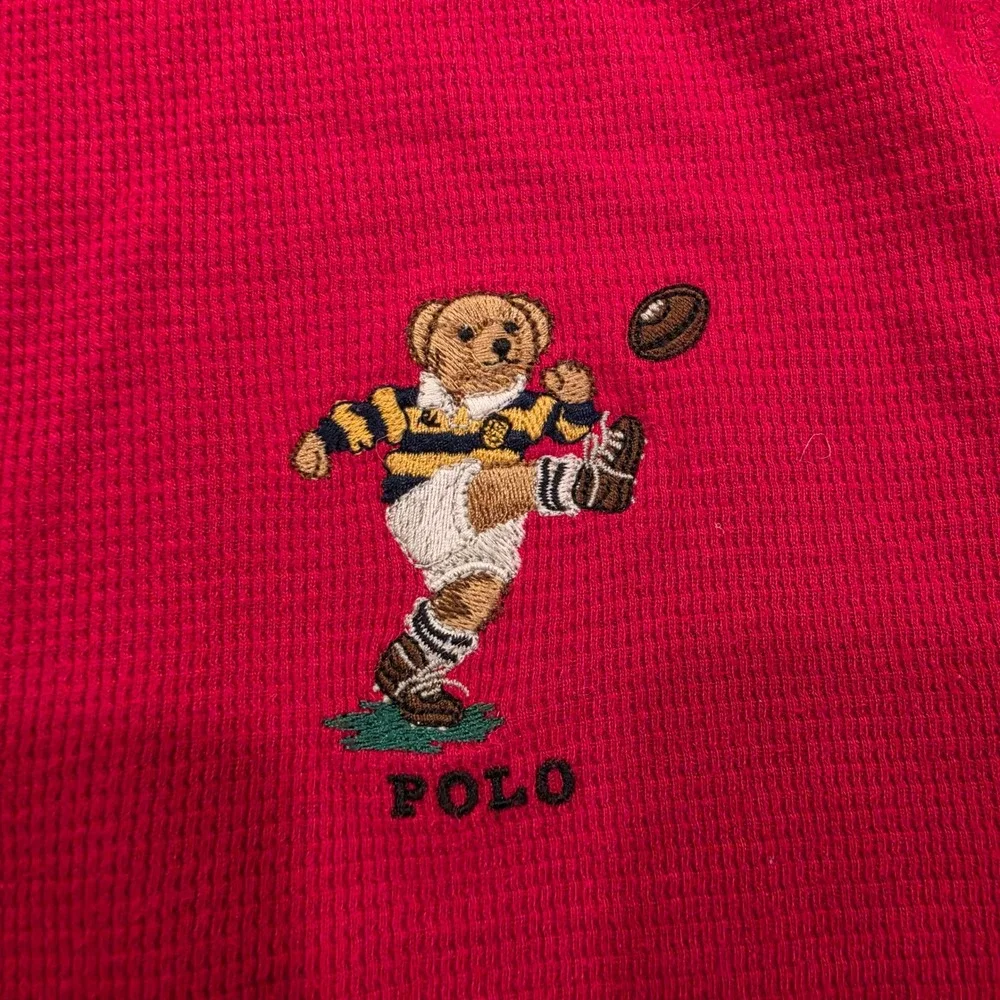 Polo Ralph Lauren Red Waffle Knit Thermal Long Sleeve Polo Bear Rugby Shirt XL